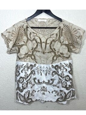 Chloe Eyelet Cotton Blend Top Cream and White Boho Size L